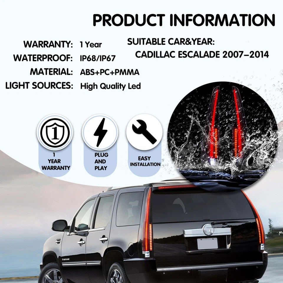VLAND Smoked FULL Tail Lights LED For Cadillac Escalade/ESV 2007-2014 Rear Lamps - Image 4 of 4