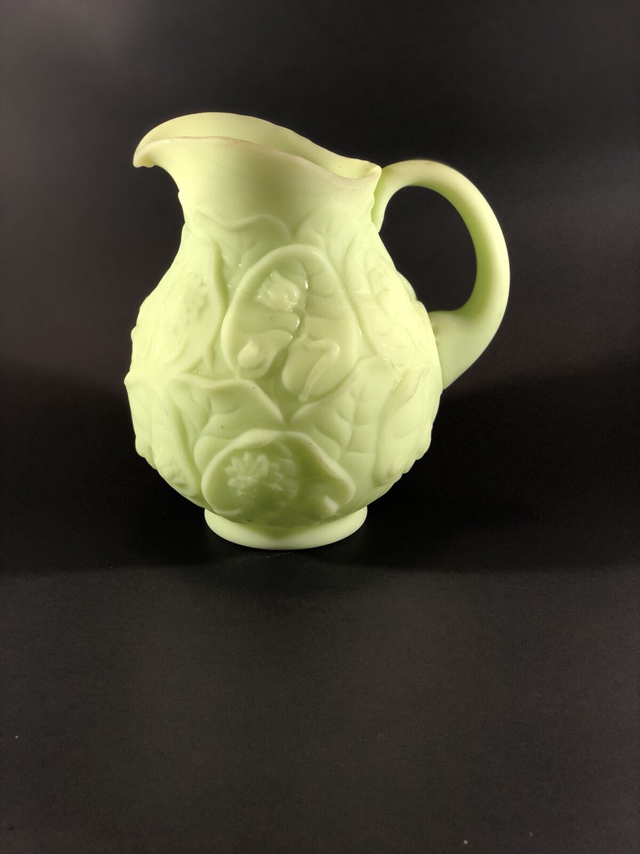 Vintage FENTON Glass Custard Green Satin Pitcher Water Lily