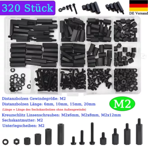 320tlg Nylon M2 Distanzstück Spacer Bolt Schrauben Abstandshalter Muttern Set