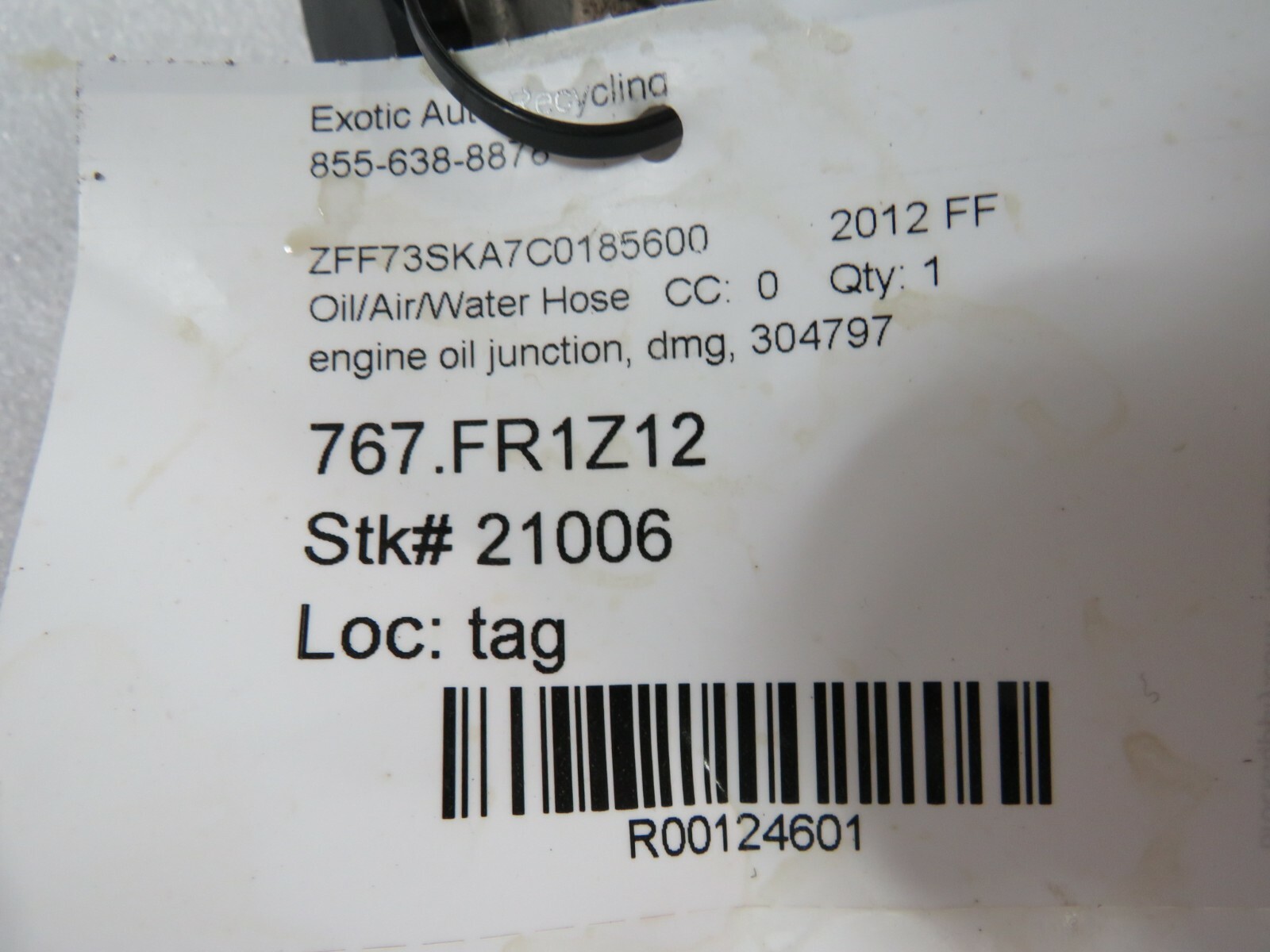 Ferrari FF, Engine Oil Junction Hose, Used, Damaged, P/N 304797