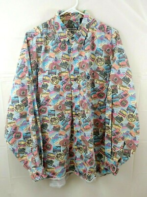 Vintage Lee Mens Shirt XL Long Sleeve Button Front Western Print Travel Cotton