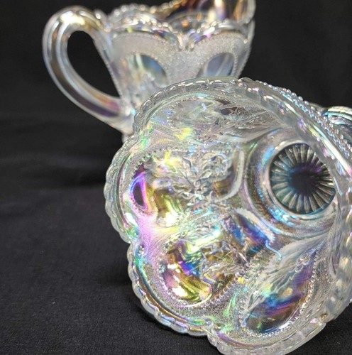 Mosser Glass Beaded Oval SAND HOLLY BERRY DUGAN PATTERN Cream Sugar CARNIVAL - Picture 10 of 12