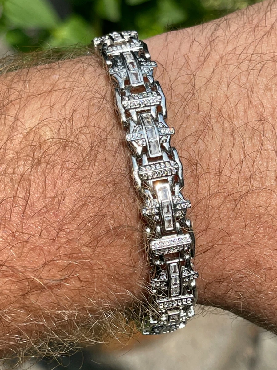 Men’s Custom Link Real 925 Sterling Silver Bracelet Iced Baguette CZ Hip Hop