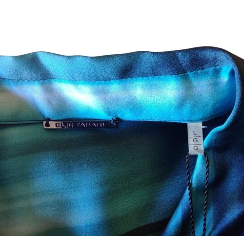 Elie Tahari Women's Large Watercolor Ribbon Teal Stripe Silk Long Sleeve Blouse - Picture 8 of 15