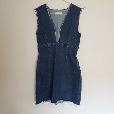 GRLFRND Denim Estelle Distressed Frayed Deep V Neck Blue