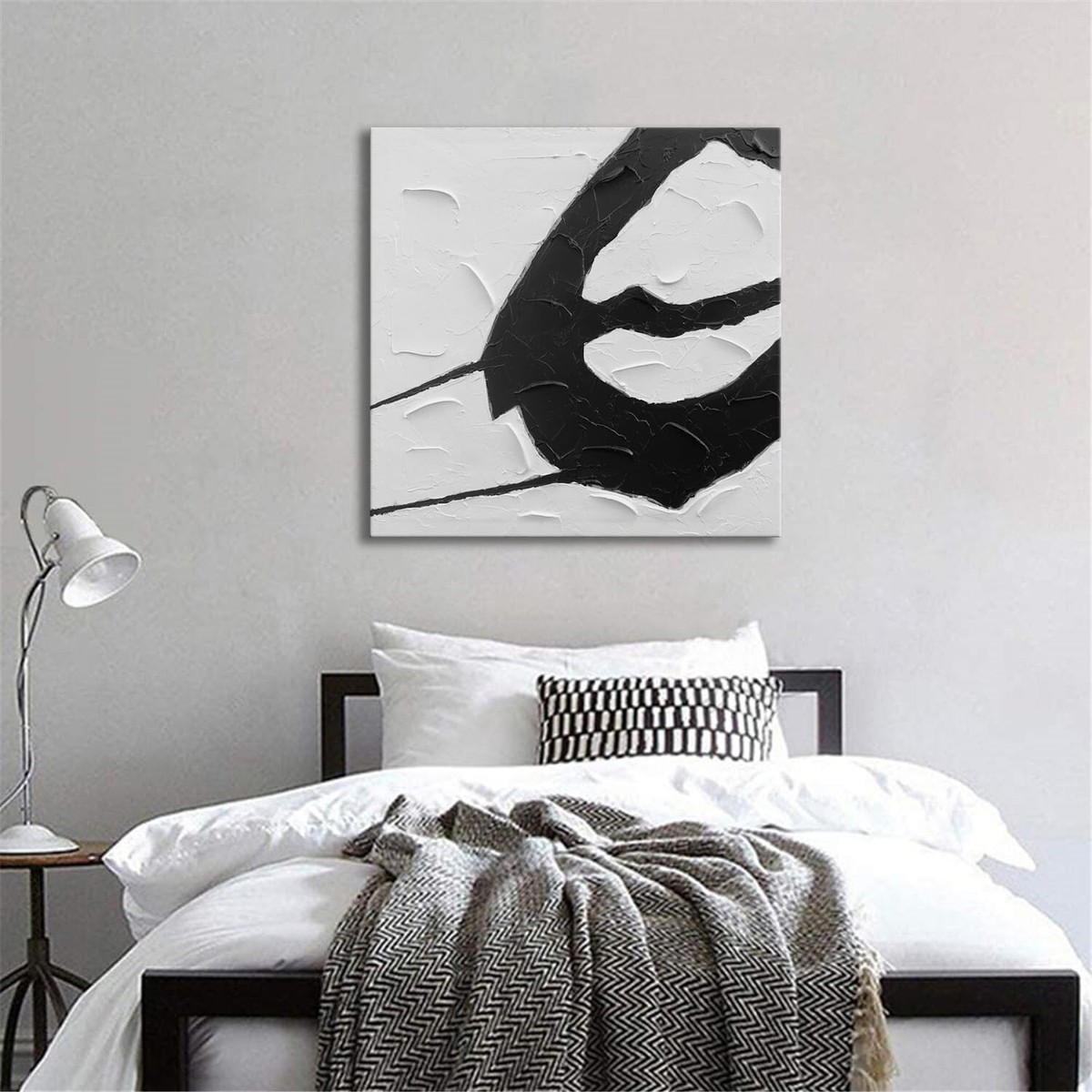 Black And White Textured Plaster Wall Art – 24x36 Inch Framed Abstract Painting, Modern Minimalist Home Decor