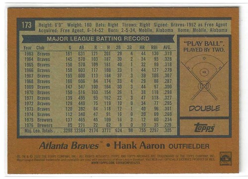 2022 Topps Topps Archives Hank Aaron Base Milwaukee Braves #61 - Picture 2 of 2