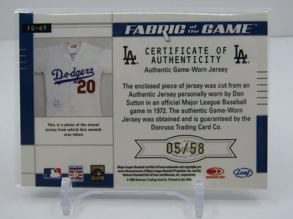 DON SUTTON 2003 LEAF CERTIFIED FABRIC OF THE GAME PATCH AUTO #5/58- 1ST 5 SIGNED - Image 2 of 2