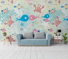 3D Sea Animal Cartoon Kids Self-adhesive Removeable Wallpaper Wall Mural