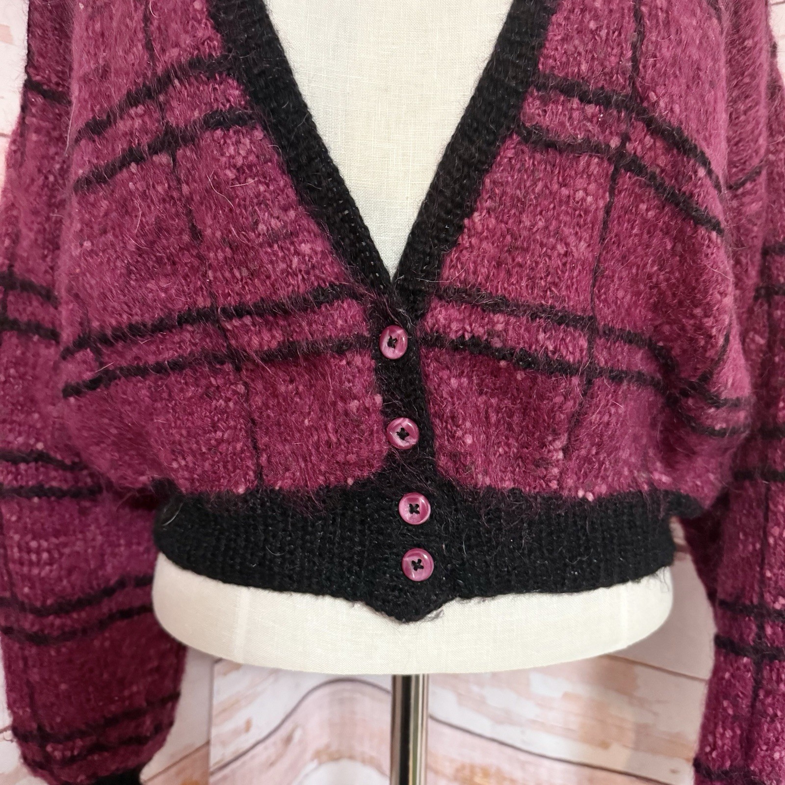 Vintage Handmade Cardigan Sweater Raspberry Pink Plaid V Neck Mohair Button Up