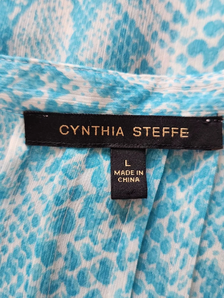 Cynthia Steffe Snake Print Button Front Long Sleeve sheer turquoise Blouse sz L  - Image 4 of 4