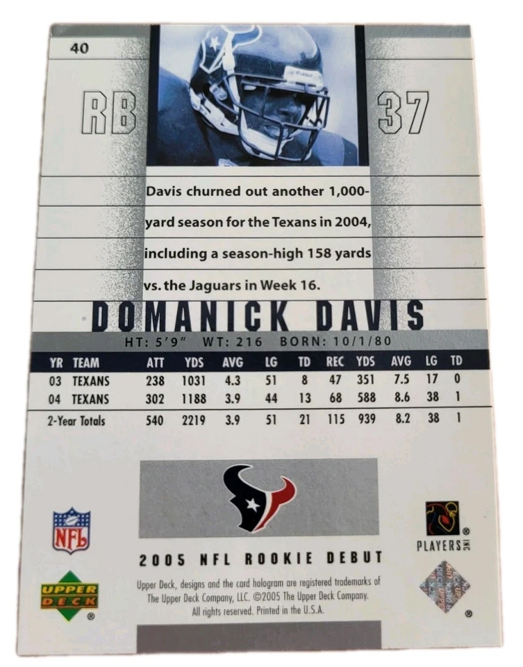 2005 Upper Deck Rookie Debut Domanick Davis #40 Houston Texans Football Card (N3 - Image 2 of 2