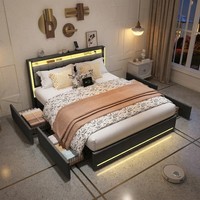 Doppelbett 140X200Cm Polsterbett ：Mit Stauraum 4 Schubladen Mit Led&Usb Kopfteil