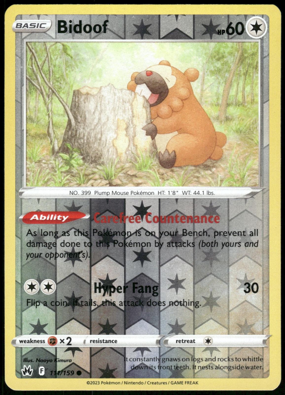 Bidoof 111/159 Reverse Holo Crown Zenith Pokemon Card 2023 Near Mint