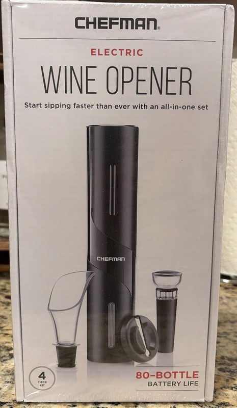 Chefman Electric Wine Opener 4 Piece Kit - Opener, Foil Cutter, Pourer, Stopper