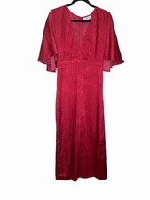 Fe Noel X Target Red Satin Maxi Dress Sz 6 Palm Leaf Print Flutter Sleeve Beachy