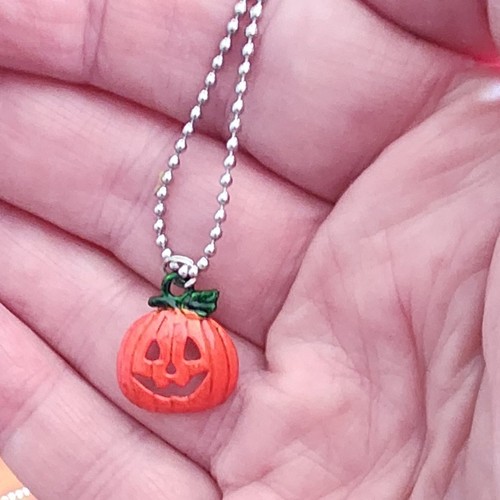 Pumpkin Halloween Jack-o-lantern Necklace Handcrafted Kids 24" Stainless Chain - Picture 3 of 6