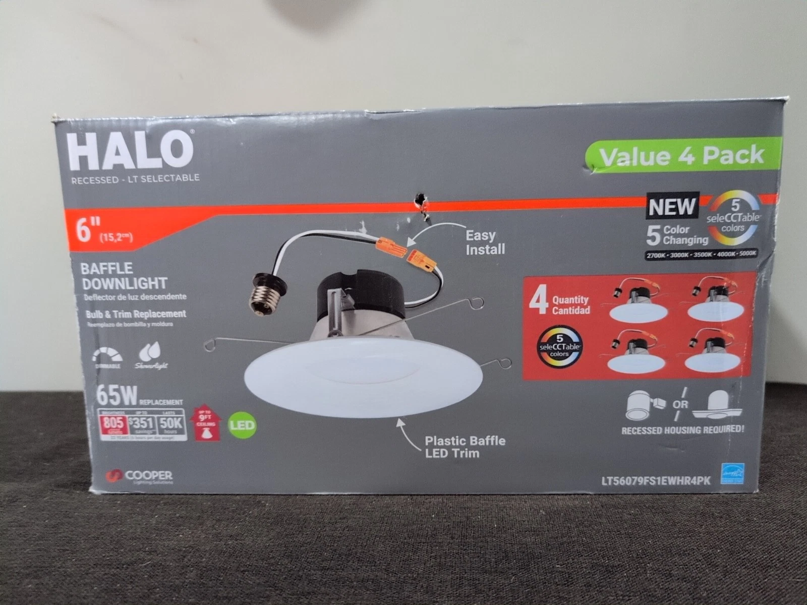 Halo Recessed LT 5/6 Inch LED 5CCT Selectable w/ Baffle Trim 805Lm White 4 Pack