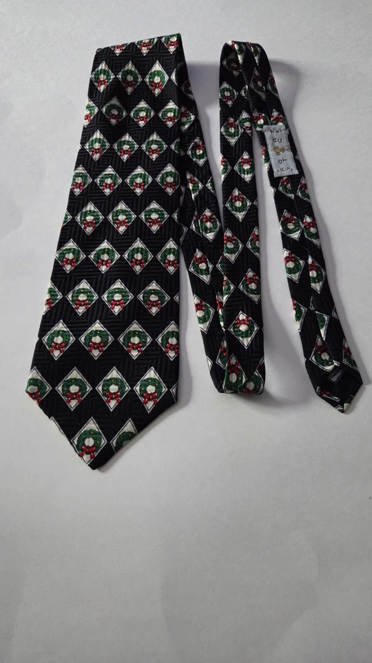 Corbata de Navidad para Hombres Negra con Coronas Verdes Arcos Rojos Corbata de Vacaciones 100% Seda Foto 2 de 4