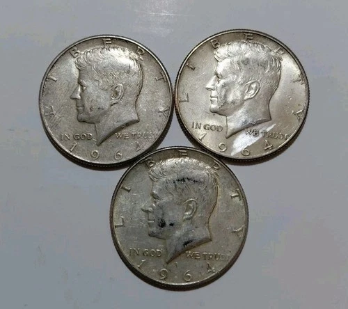3 -1964 Siver (90%) Kennedy Half Dollars  AU Condition.