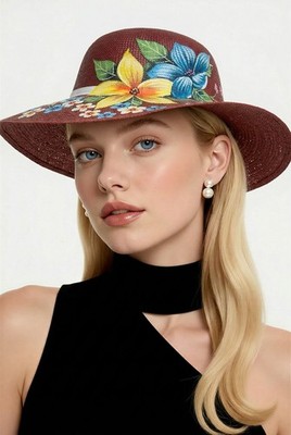 Genuine Hand Painted Floral Wide Brim Panama Hat 100% Paja 