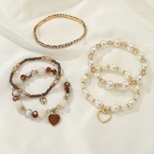 Women'S 5pcs Multi-Layer Imitation Pearl Mixed Color Heart Bracelet Set Gifts US