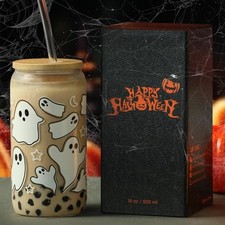 Halloween Ghost Glass Cup with Lid Straw Gifts for Women