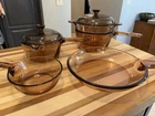 VTG 7 Piece Set of Pyrex Corning Vision Amber Glass Skillet, Pots, Double Boiler