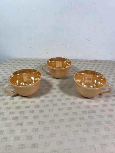Vintage Fire King Oven Ware Peach Luster Band Of Leaves Tea Cup Coffee Mug Set 3