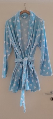 Bademantel blau Damen Gr. L hellblau weiße Herzen 100% Polyester flauschigweich