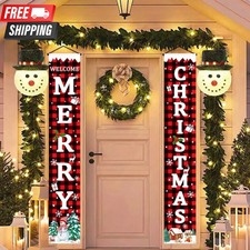 2pcs Merry Christmas Banner Buffalo Plaid Xmas Door Welcome Sign 2026 New Year