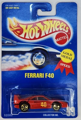 Hot Wheels #69 Red FERRARI F40 - Blue Card 5 Spoke Gold Wheels New On Card - Image 1 of 4