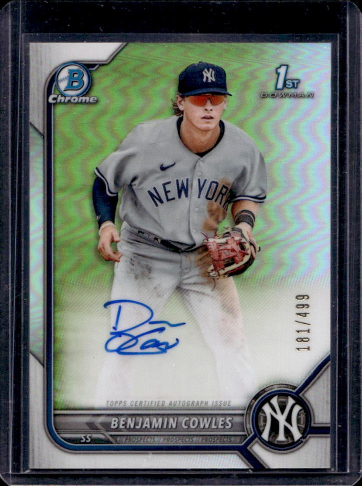 2022 Bowman Chrome Benjamin Cowles Auto Refractor 1st #181/499 Yankees