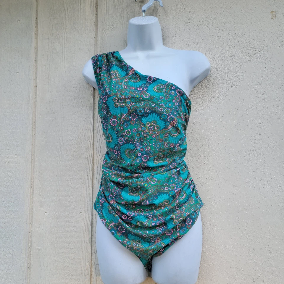 J. Traje de baño Crew Eco acanalado un hombro una pieza cachemira talla 10 floral boho Foto 2 de 4