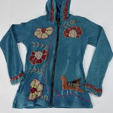 Rising International Hoodie XL Blue Floral Bird Full Zip Pockets Cotton Slim Fit