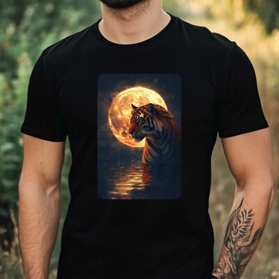 Herren T-Shirt Tiger  bei Vollmond Motiv Baumwolle Größe XS bis 5XL