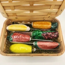 VTG Fruit Themed Spreader Knives Orig Wicker Box Ceramic Kitsch Kitchen JAPAN