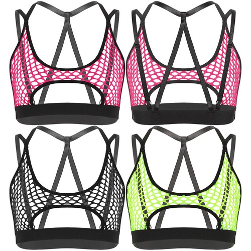 Women's Sheer Crop Tops Mesh Hollow Out Fishnet Strappy Bra Top Crisscross Back - Picture 3 of 65