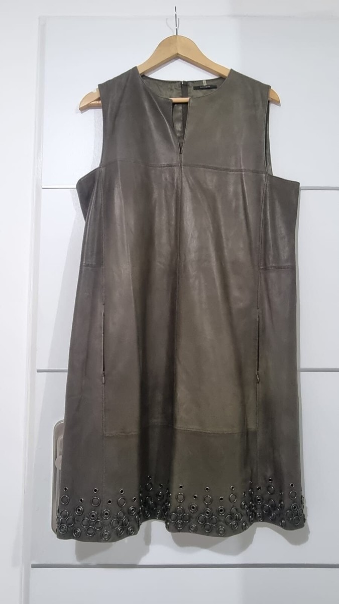 tahari leather dress $780 Elie Tan Olive Soft Lamb Nappa Sz Large l fit US 10 12 occasion:rush