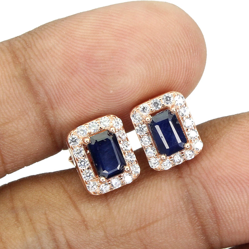 925 Sterling Silver Diffused Octagon Blue Sapphire 6x4mm Simulated Cz Earrings - Image 2 of 4