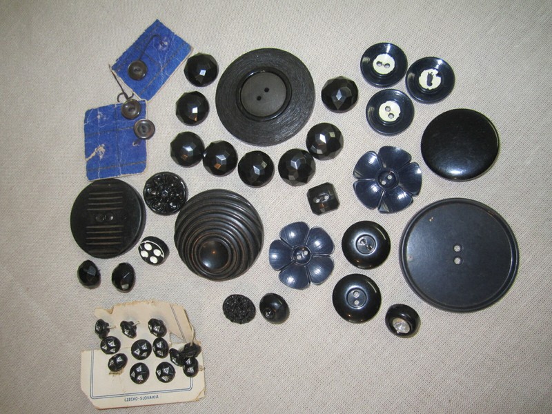 Vintage Lot Black Buttons--CZECH GLASS, WAFER, FLOWER, FACETED DOMES, COAT