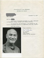 CHIANG KAI SHEK - Orig. Autograph + Cover 1967, Republic of China, Taiwan