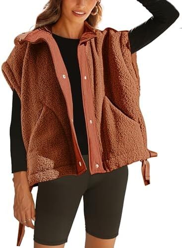 VAOYIU Women's Fleece Vest Casual Sleeveless Oversized Sherpa Jacket Button Down