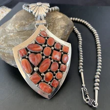 Red Spiny Oyster Pendant Navajo Pearls Sterling Silver Neckalce 11514