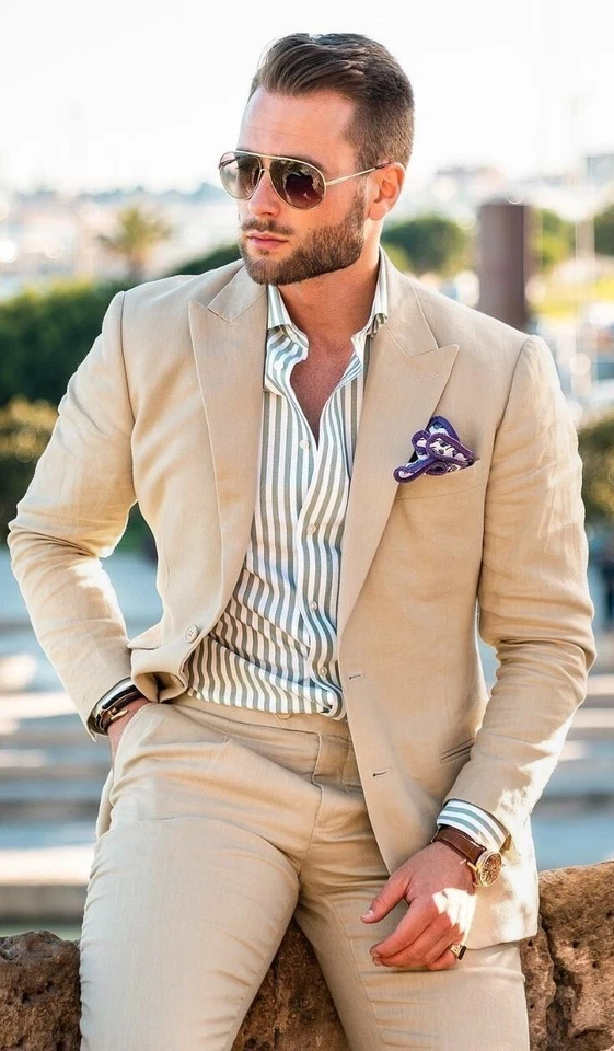 Trajes de verano de lino para hombre solapa pico informales boda novio esmoquin blazers pantalones Foto 4 de 4