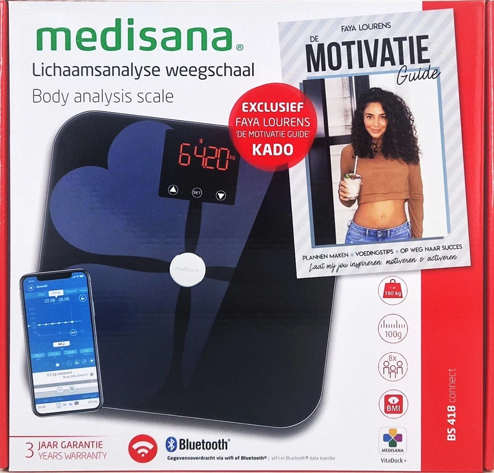 Báscula de análisis corporal WiFi App 180 kg IMC BMR VitaDock báscula personal Medisana BS 418 - Imagen 1 de 3