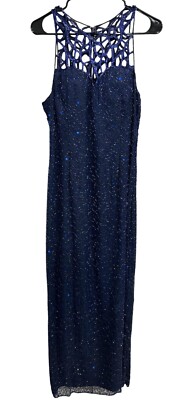 Scala Navy Beaded Silk Evening Gown Caged Yoke Bodice Floor Length Skirt Sz XXL