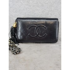 Chanel Vintage CC Tassel Bag Black Lambskin Gold Chain Crossbody Italian