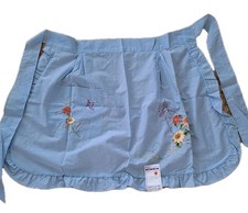 Vintage NOS Embroidery Broderie HALF APRON Flowers Pocket Light Blue Trad Wife