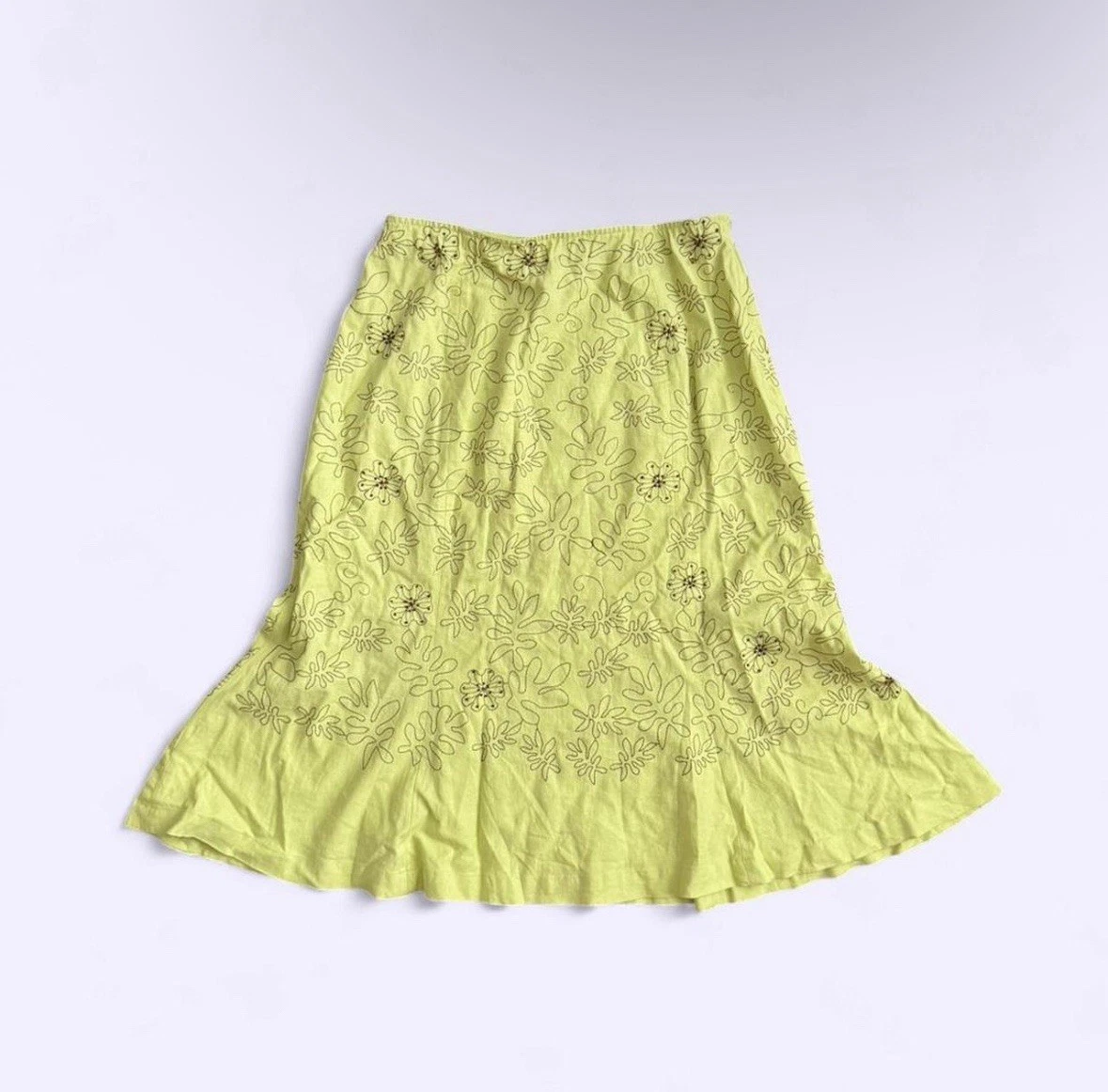 Vintage 90s Linen Blend Floral Embroidered Beaded Skirt Dialogue Flare Hem
